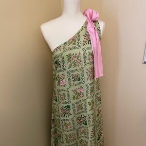 Green Floral One-Shoulder Dress with Pink Bow